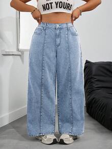 SHEIN Tall CURVE 大码女式宽松口袋阔腿休闲牛仔裤 - 藍色 - 查看 3