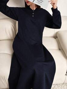 Lacomfia 女士休闲纯色连帽长款运动衫，秋冬 - 藏蓝色 - 查看 7