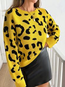 SHEIN Tall Pull doux et chaud en jacquard léopard, style décontracté pour grandes tailles