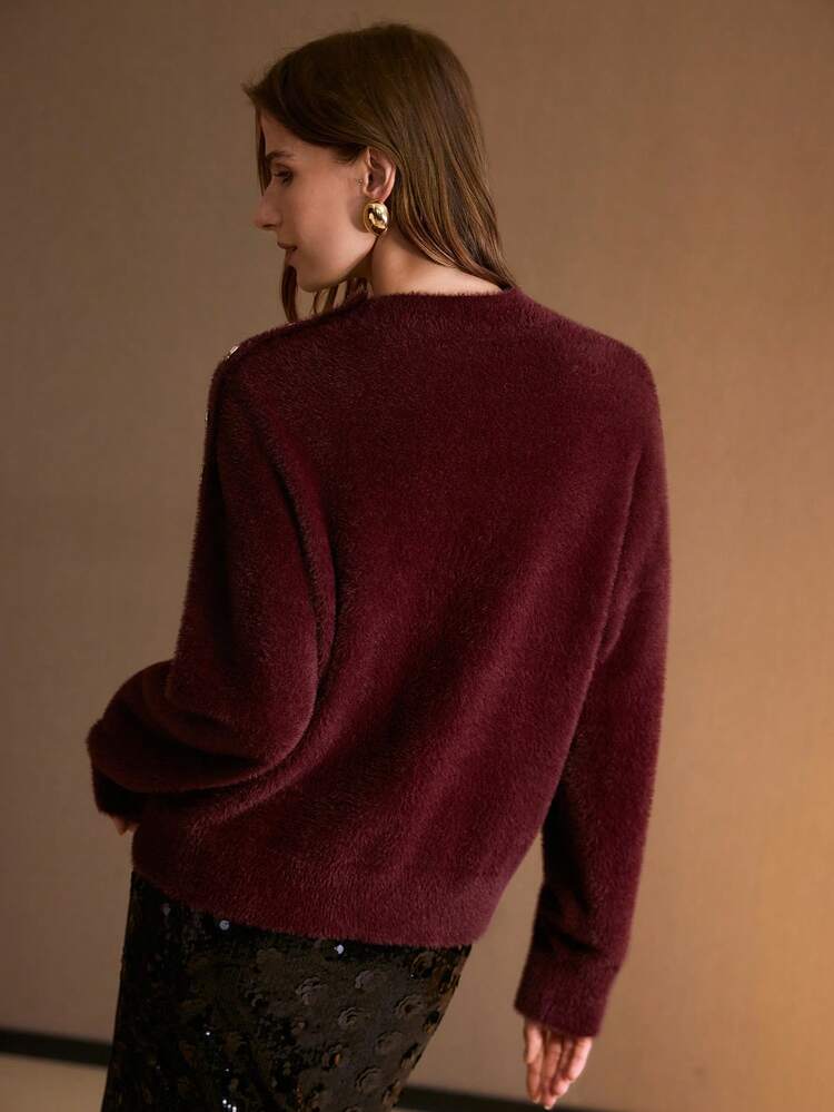 WOMEN'S MOCK NECK GOLD COLOR BUTTON DETAIL FLUFFY KNIT SWEATER, AUTUMN/WINTER