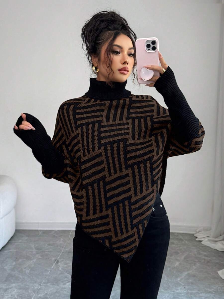 Elenzga Women's Elegant High Neck Geometric Textured Poncho Sweater, Colorblock, Suitable For Home & Travel, Spring/Autumn - Chocolate Brown - View 1