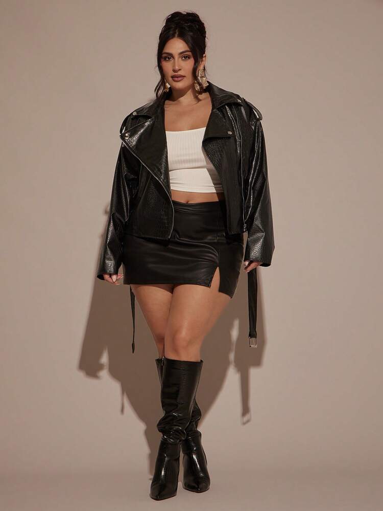 SHEIN BAE Women's Autumn Fashion Crocodile Print Belted Jacket/Winter - Black - View 2