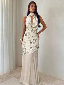 Aloruh 女士派对连衣裙、约会连衣裙、下午茶连衣裙、米色荷叶边领结连衣裙、亮片连衣裙、超长连衣裙 - 米色 - 查看 7