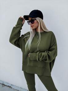 INAWLY Plus Size Casual Loose Solid Color Round Neck Split Hem Sweatshirt And Skinny Pants 2 Pieces Set, Autumn - Army Green - View 5
