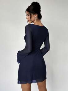 Firerie 女士优雅性感迷你裙，橄榄绿色船领喇叭袖腰部收紧 A 字迷你连衣裙 - 藏蓝色 - 查看 2