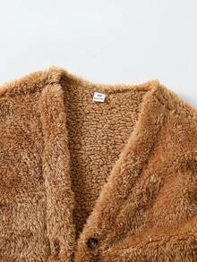 SHEIN Tween Girls Casual Basic Fuzzy V-Neck Drop Shoulder Mid-Length Cardigan, Autumn/Winter - Coffee Brown - View 5