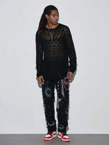 Modcrash 男士时尚层叠流苏星形彩绘牛仔裤，Emo风格春夏款，复古美式，男女皆宜，宽松版型夏季服装——适合日常穿着和夏季度假穿着。 - 黑色 - 查看 3