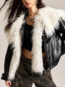 Easelle Women's Fashionable Short Faux Fur Coat, Black And White, Black PU Patchwork Fur Collar Coat, Autumn And Winter Black 2025
