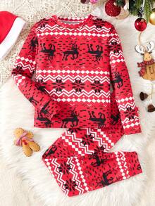 SHEIN 少女休闲针织圆领长袖家居服套装 - 紅色 - 查看 6