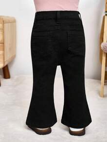 SHEIN 女婴黑色弹力喇叭牛仔裤，可爱喇叭裤型，搭配保暖抓绒背心，适合秋季、冬季休闲时尚度假穿着，黑色牛仔裤，圣诞牛仔裤 - 黑色 - 查看 2