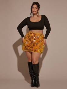 SHEIN BAE Jupe mini fendue à taille basse, style vintage western, avec broderie pailletée orange pour les grandes tailles. Jupe mini pailletée orange pour femmes, pour les fêtes, Halloween, Noël, soirées, retour à l'école, cocktails, tenues élégantes, costumes d'Halloween, Nouvel An, Thanksgiving