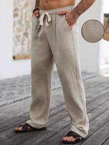 Manfinity RSRT Men's Drawstring Waist Casual Patched Pocket Loose Pants, Drawstring Waist Straight Leg Pants, Plain Vacation Slacks Pants, For Daddy & Husband, Boyfriend Gifts, Fall - Khaki - View 7