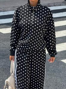 Muchica Black Christmas New Year Thanksgiving Black Polka Dot Half-Zip Long Sleeve Loose Casual Fashion Sweatshirt - Black - View 7