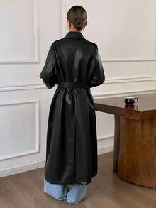 Livesso 新款秋冬宽松休闲加厚优雅装饰PU长款女式外套皮夹克女式大衣 - 黑色 - 查看 2