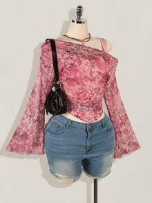 SHEIN ICON Camiseta de malla transparente con hombros oblicuos, talla grande. Blusa de manga larga de malla transparente con estampado de paisley - Rosa - Ver 7