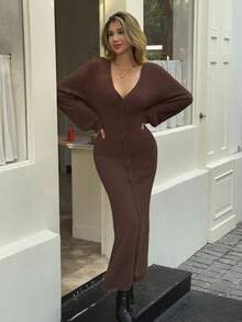 Livesso Women's Coffee Color V-Neck Lantern Sleeve Long Knitted Sweater Dress, Autumn - Coffee Brown - View 4