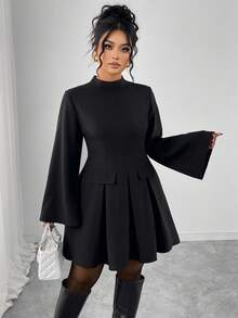 Elenzga Plus Size Women's Solid Color Stand Collar Lantern Sleeve Ruffle Hem Elegant Mini Dress, Faux Pocket Chic Blazer Dress - Black - View 7