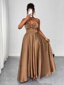 Maweii Plus Size Women Solid Color Ruched Waist Hollow Out Camisole Dress - Mocha Brown - View 1