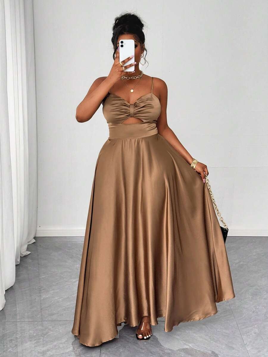 Maweii Plus Size Women Solid Color Ruched Waist Hollow Out Camisole Dress - Mocha Brown - View 1
