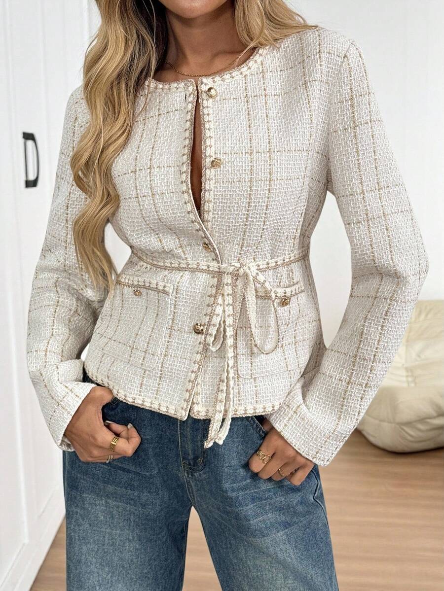 SHEIN LUNE Áo khoác vải tuýt dày thu/đông có túi và nút kim loại, áo khoác ngoài ngắn cho nữ - Nhiều màu - Xem 1