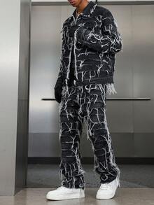 PAVTROS American Style Patch & Fringe Denim Set Fringe Pants Men Black And White Pants, Fall Clothes OVERSIZE Frayed Black Street Rave Couple For GenZ - Blue - View 5