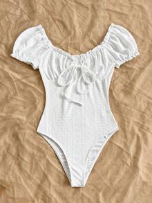 Soleia Spring/Summer New Casual Vacation Western Beach Wedding Guest Attire Graduation Brunch Women's Outfit St. Patrick's Day Spring Break Easter Music Festival Elegant Boho Tropical Elegant Knit Texture Puff Sleeve Ruffle Hem Valentine's Day Bodysuit For Women - White - View 5