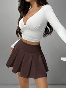 SHEIN EZwear Chocolate Brown Casual Versatile Plus Size Sports Mini Pleated Skirt,Autumn Back-To-School Graduation Chic Elegant Solid Color For Party,Wedding,Date - Chocolate Brown - View 4