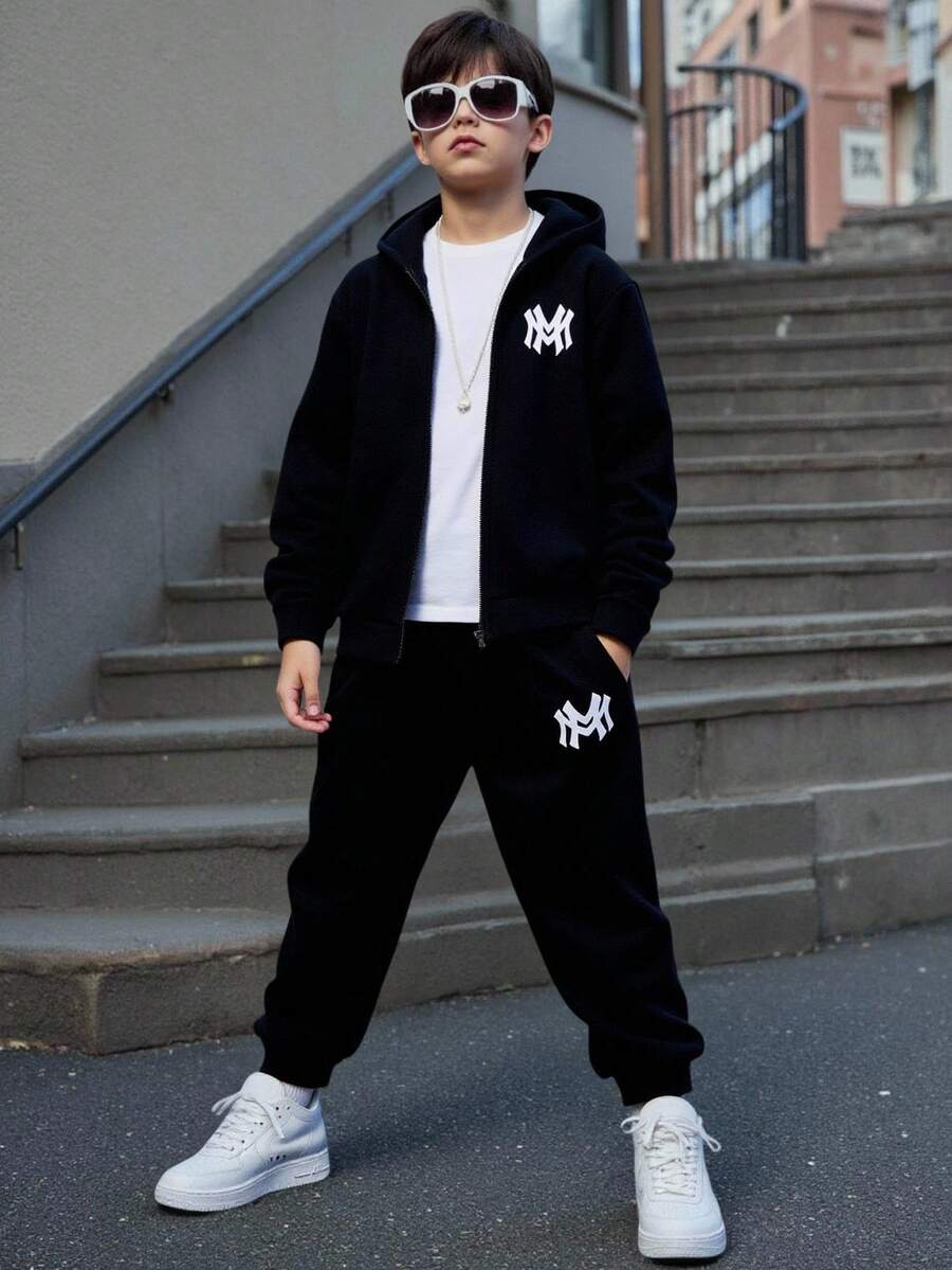 SHEIN 男童休闲运动街头风连帽衫卫衣裤套装，字母印花，适合通勤、上学、日常休闲、旅行、运动，四季皆宜 - 黑色 - 查看 1