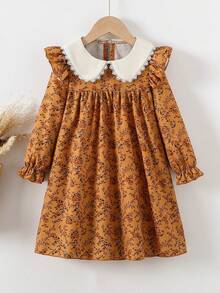 SHEIN Vintaside Kids Vestido de manga larga con cuello Peter Pan y línea A con estampado floral pequeño, adecuado para uso diario, primavera, para niña