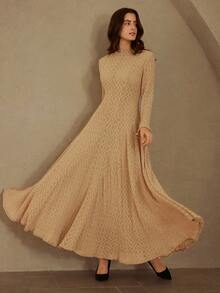 Aveloria Rosie Autumn Elegant British Style Fitted Jacquard Knit Dress With Oversized Hem Slit, Long Sleeve - Khaki - View 6