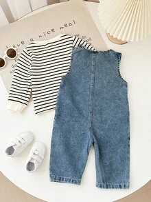 SHEIN Baby Girl Striped Crew Neck Sweatshirt And Washed Denim Jumpsuit Set