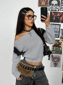 StreetHx New Contrast Color Graffiti Oblique Shoulder Casual Loose Sweater - Grey - View 5