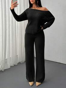 EURMUSE Solid Color Holo Out Batwing Sleeve Sweater, Spring/Fall Season, Long Sleeve Top And Sweater Pant 2pcs Set - Black - View 7