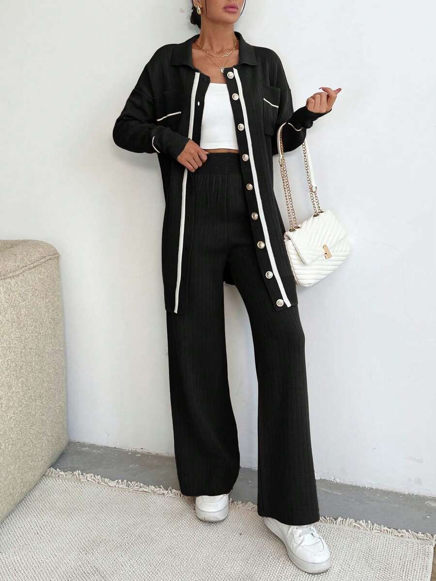 EURMUSE Women Pocket Detailed Front Button Collar Neck Drop Shoulder Cardigan & Sweater Pants Set - Black and White - View 1