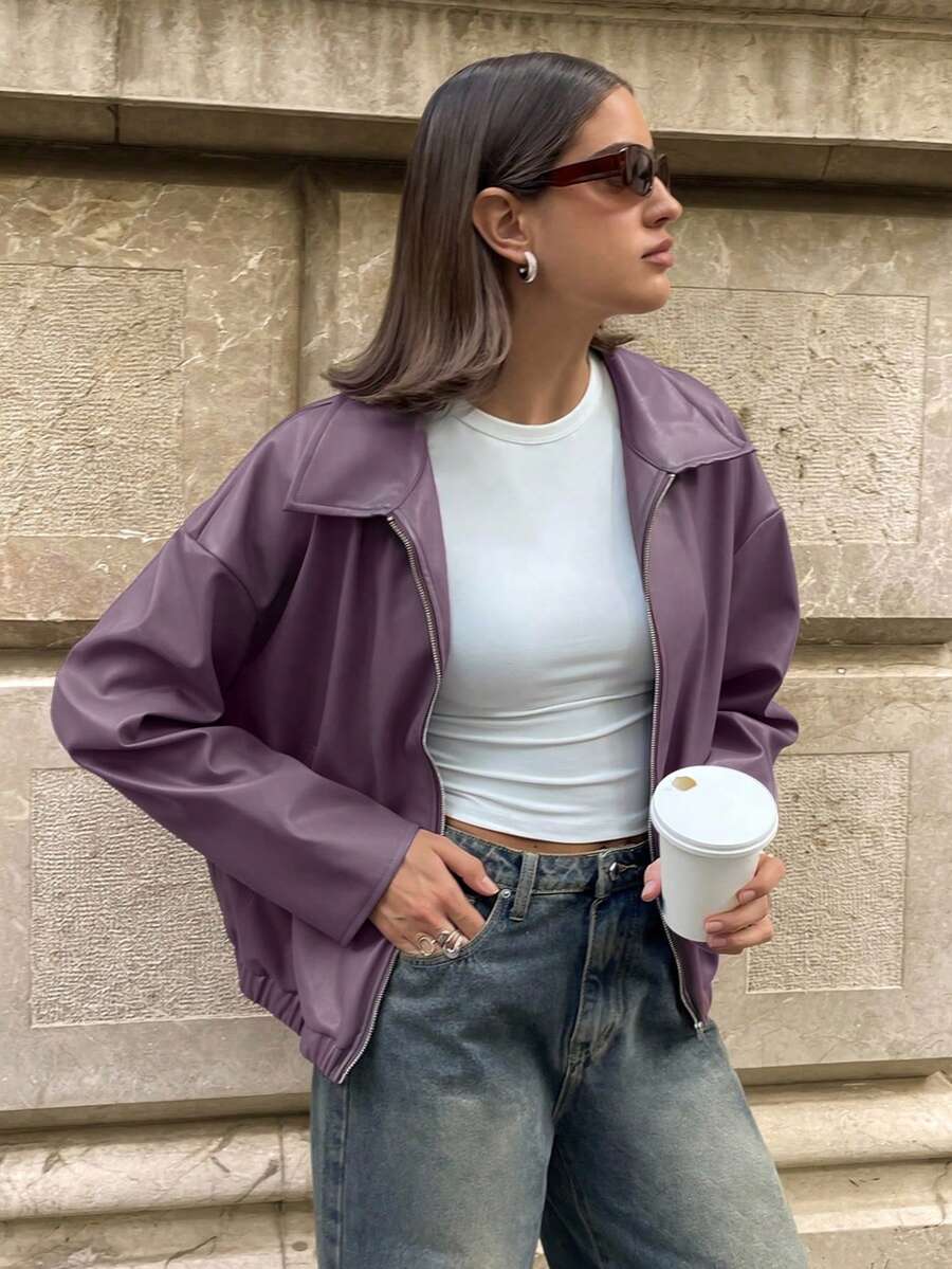 Aloruh 秋冬时尚百搭通勤款 Ancla 紫色 PU 夹克 - 紫色 - 查看 1