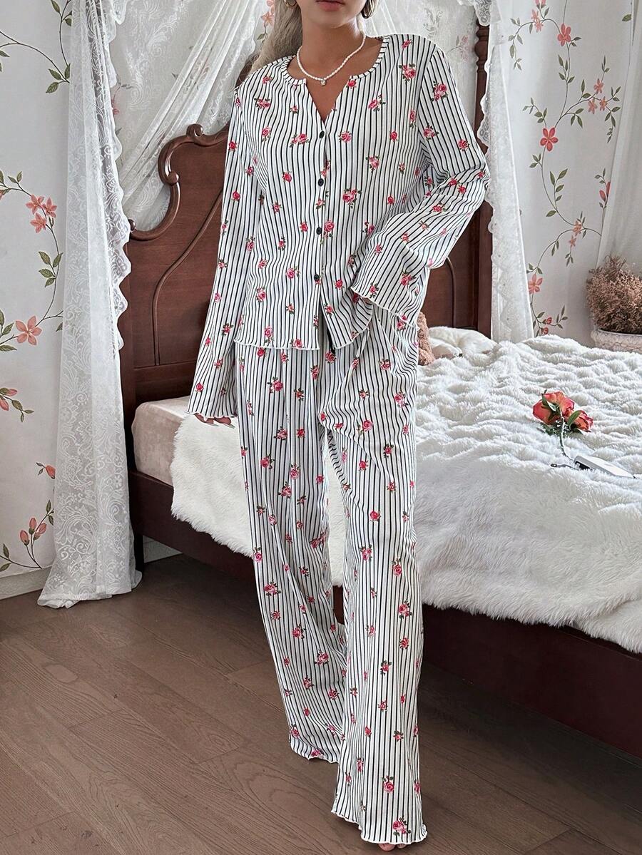 CottageSlumber 浪漫花卉条纹印花纽扣长袖上衣和裤子睡衣套装,女士冬季服装 - 深灰色 - 查看 1
