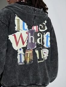 Modcrash 秋冬季“顺其自然”图案男士连帽卫衣，略带弹性的做旧水洗棉黑色长袖开衫拉链卫衣，户外日常休闲外套 - 黑色 - 查看 2