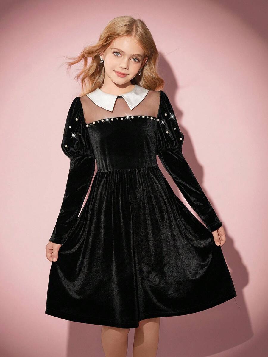 优雅复古黑色天鹅绒连衣裙，适合少女穿着，柔软的天鹅绒面料，光泽闪亮，撞色领口设计，羊腿袖，半透明前片，串珠装饰，A 字廓形，适合圣诞节、万圣节、生日派对，独特精致的黑色天鹅绒连衣裙，秋冬 - 黑色 - 查看 1