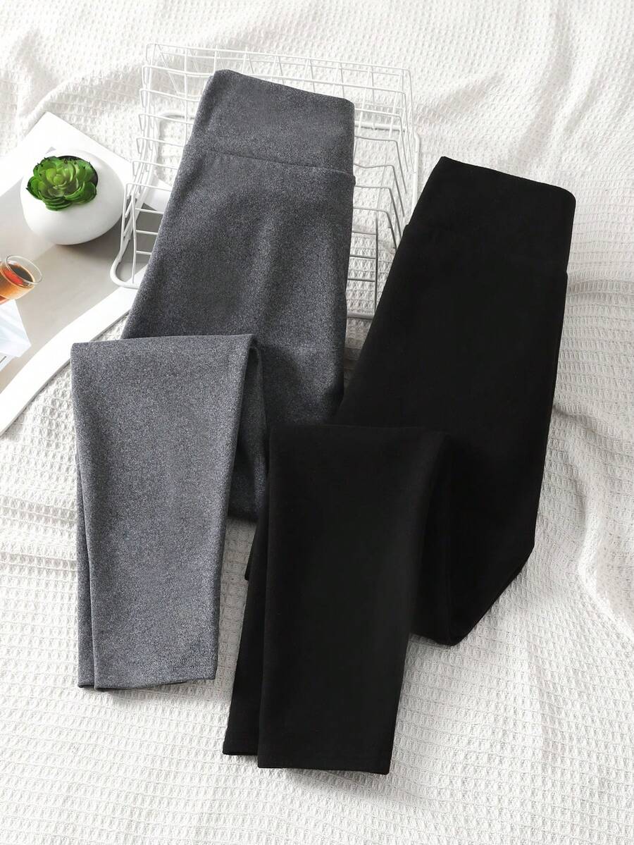 SHEIN 女童两件套紧身羊毛保暖打底裤，腰部有贴片装饰 - 彩色 - 查看 1