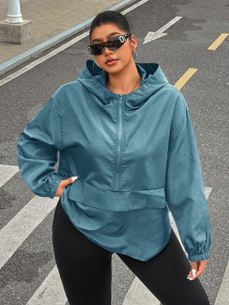 SHEIN EZwear 大码纯色连帽拉链休闲长袖夹克 - 軍綠色 - 查看 1