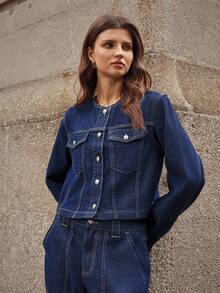 Selenza 女式时尚优雅圆领前开式休闲牛仔长袖上衣 - 深色水洗藍 - 查看 6