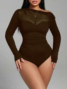 Zolique Sexy Black Asymmetric Shoulder Mesh Patchwork Ruched Bodysuit For Women - Coffee Brown - View 6