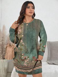EMERY ROSE Casual Retro Elegant Floral Pattern Plus Size Sweatshirt, Autumn/Winter - Multicolor - View 4