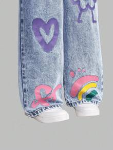 SHEIN ChillGRL 女童新款花卉、心形、彩虹涂鸦时尚休闲舒适柔软牛仔连体裤