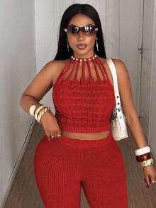 Maweii Damen Pullover in Hellrosa, Große Größen, mit Zopfmuster, Perlenketten, sexy und schlank, elegant, Partytop für Damen, hochwertiges Design, kurzer gestrickter Oberteil, Herbst und Winter, Damenbekleidung, Scandi Party Strick Cut-Out Y2K Party Top mit Glanz-Strick