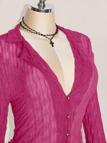 SHEIN ICON PLUS 生菜边不对称下摆透视上衣（不含胸罩）加大码，双层蛋糕裙两件套，适合秋季 - 玫紅色 - 查看 6