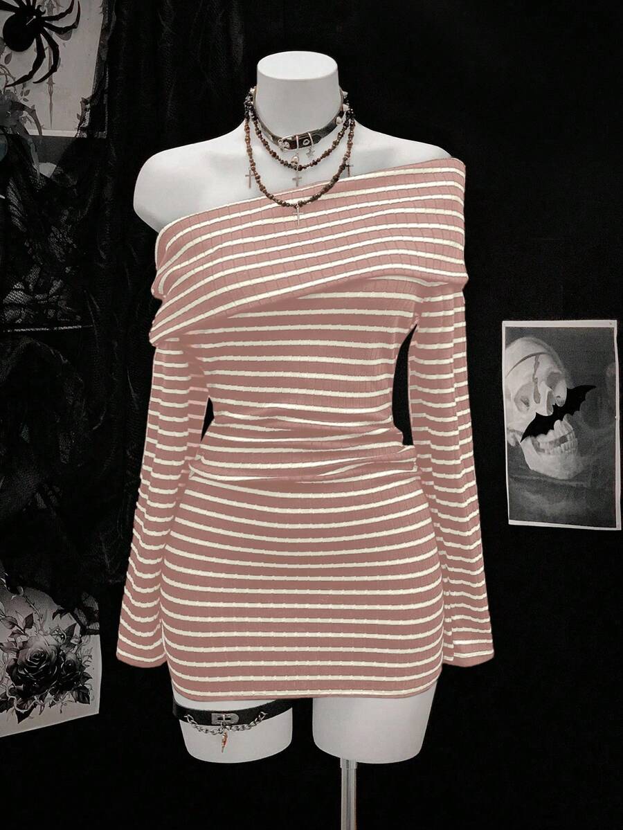 SHEIN Unity Women's Fashionable Black And Gray Striped Long Sleeve Dress - Multicolor - View 1