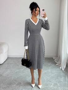 Rafferiza 新款时尚法式复古黑白格子针织弹力舒适V领长袖收腰女式连衣裙，秋冬 - 黑色 - 查看 4