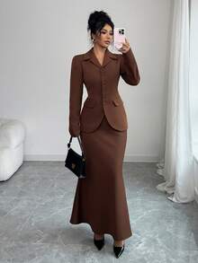 Selianne Completo da donna con design senza schienale e lacci, colore unito, adatto per autunno/inverno - Caffè Marrone - Visualizzare 5