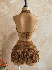 Soleia 颈链细节流苏针织上衣夏季，伊比沙岛装扮，假日度假性感节日狂欢针织逍遥游秋季乡村秋冬纳什维尔 - 棕色 - 查看 2